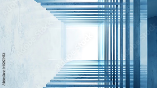 A modern architectural perspective showcasing layered blue structures leading to a bright light.