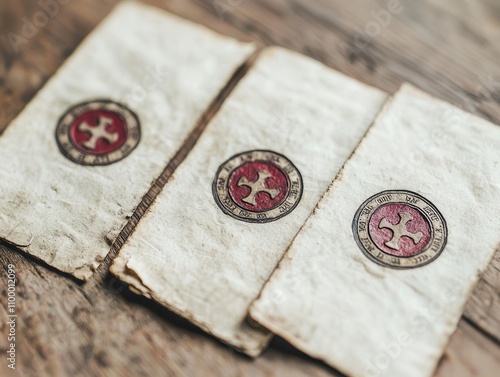 Three vintage documents with intricate red seals resting on a textured wooden surface, showcasing historical craftsmanship and detail. photo