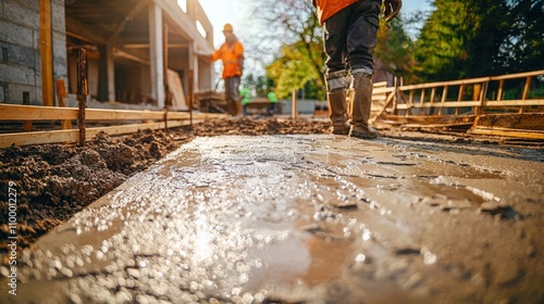 Construction workers pouring concrete for a building project under sunlight, showcasing teamwork and effort. photo