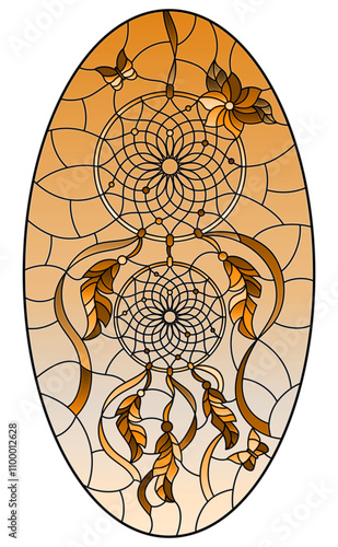 Illustration in stained glass style with dream catcher and butterflies on sky background, tone brown