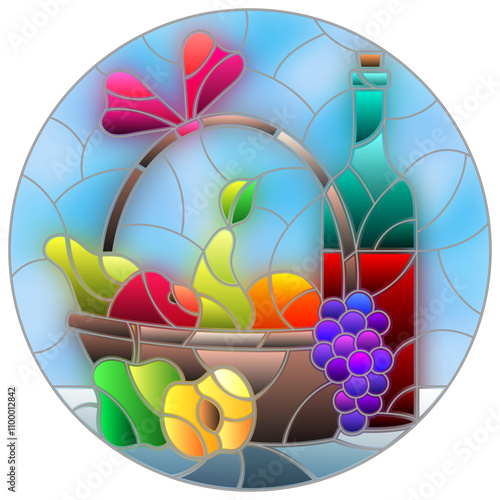 Stained glass illustration with still life, wine bottle and fruit basket, round image