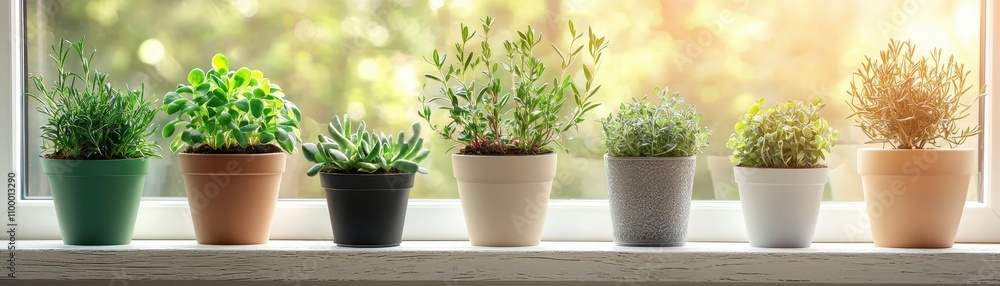 Obraz premium A serene window sill lined with various potted plants, showcasing vibrant greens and earthy pots, illuminated by warm sunlight.