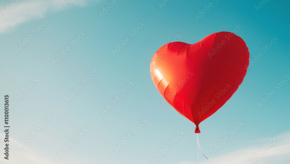 Fototapeta premium Single red heart balloon in a bright blue sky with empty space, for design, holiday cards and Valentine's Day invitations