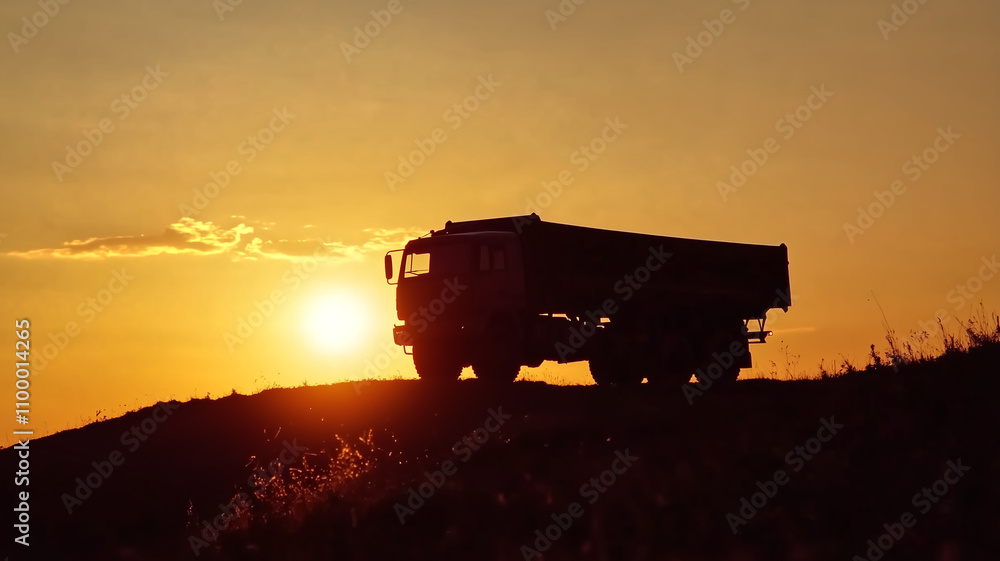 Fototapeta premium silhouette of truck against vibrant sunset, showcasing beauty of nature and transportation. scene evokes sense of adventure and tranquility