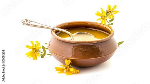 Golden Cow Ghee in Brown Ceramic Bowl with Silver Spoon.
