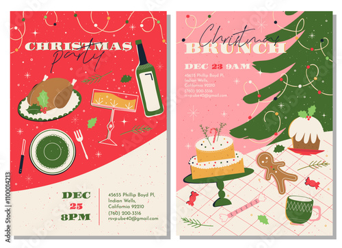 a set of invitations for Christmas brunch and dinner in a flat retro style. Invitation card templates with a festive table with food, champagne, turkey and sweets. Illustrations in pink, red and green