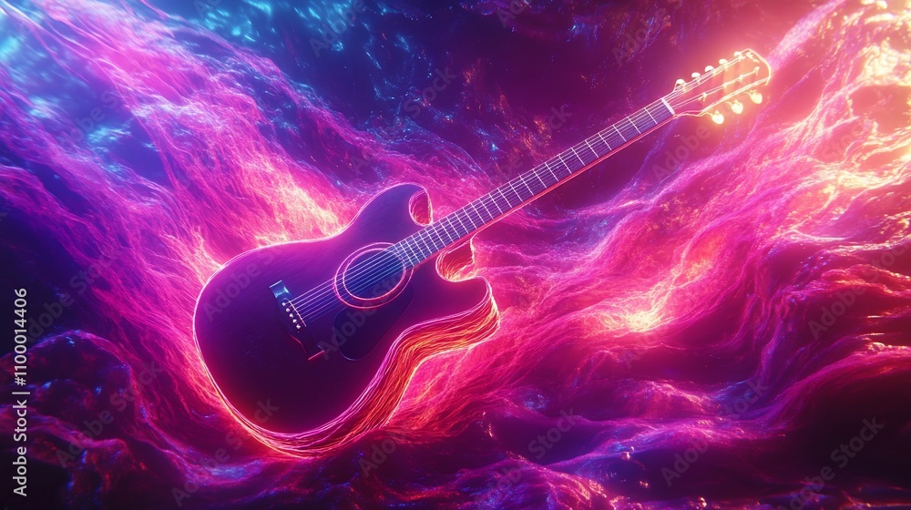 Obraz premium Acoustic guitar engulfed in vibrant, swirling neon flames.