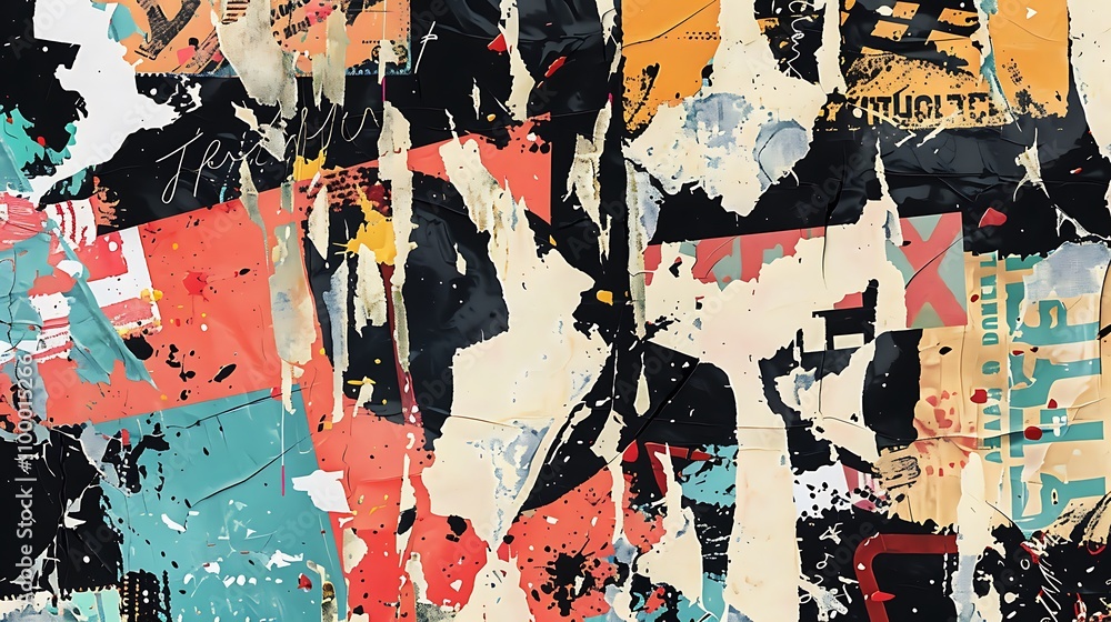 Fototapeta premium A vibrant collage of torn posters and textures, showcasing a mix of colors and patterns for artistic expression.