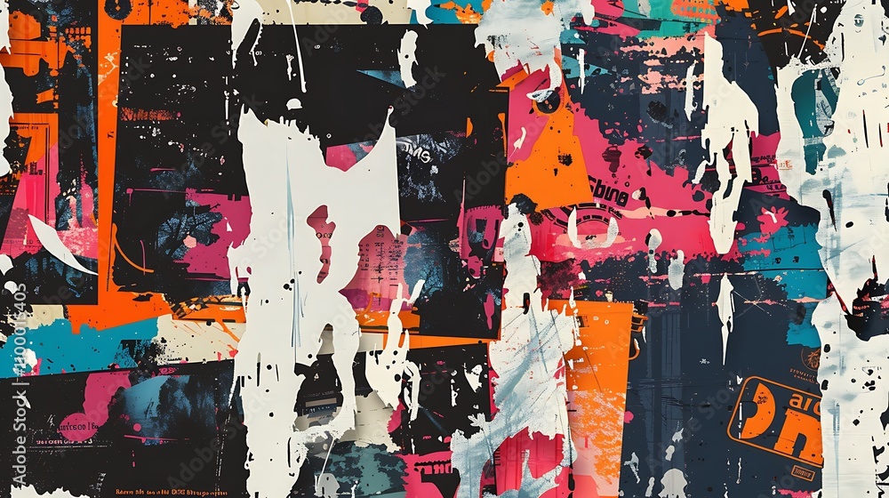 Fototapeta premium A vibrant abstract collage featuring bold colors, textures, and layered graphics, creating a dynamic visual experience.