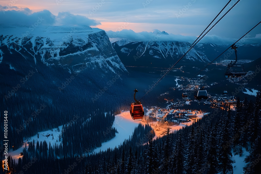 Fototapeta premium Winter blue hour after sunset at Banff Gondola, aerial view of Banff, Canadian Rockies, Alberta Canada