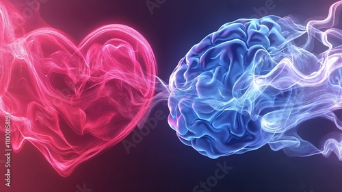 Abstract pink heart and blue brain connected by energy flow