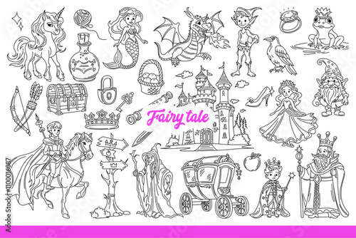Fairy tale characters and castles from legends for children books and fantasy stories. Fairy tale background with mermaid and dragon or royal family and unicorn from myths for kids. Hand drawn.