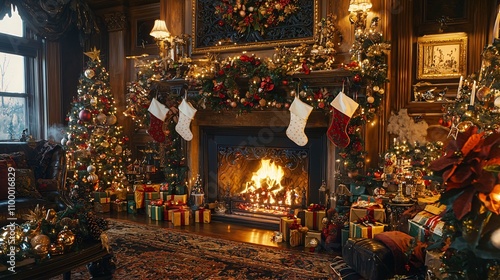Christmas Fireplace with Holiday Ornaments
