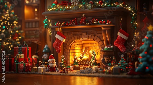 Christmas Fireplace with Holiday Figurines