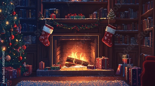 Christmas Fireplace with Holiday Bookshelf