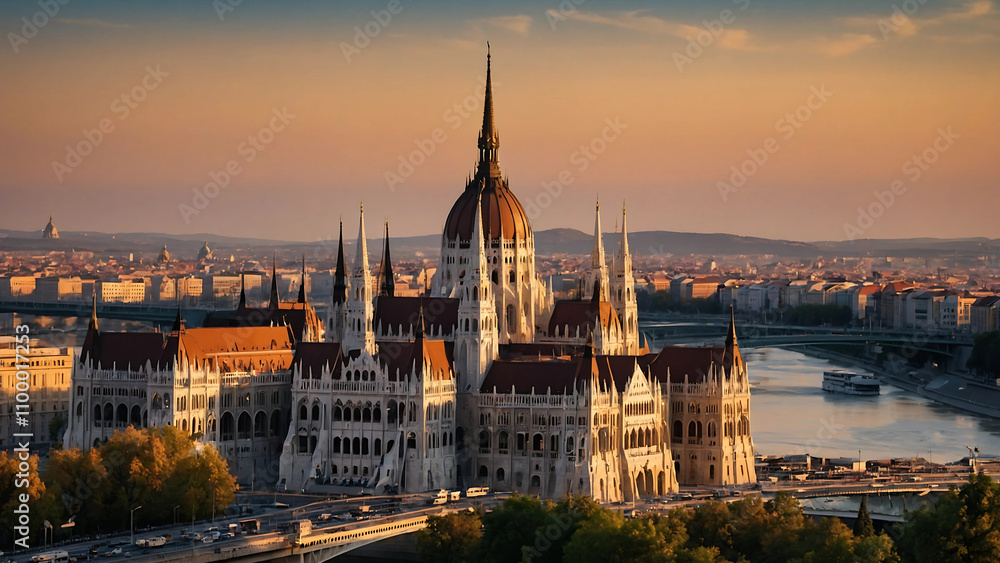 Fototapeta premium city of Budapest, architectural masterpiece in all its glory, with the setting sun casting a warm glow 