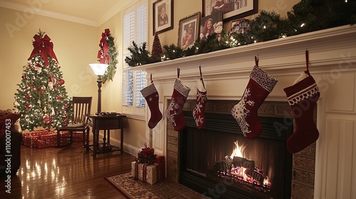 Christmas Fireplace with Holiday Photo Display