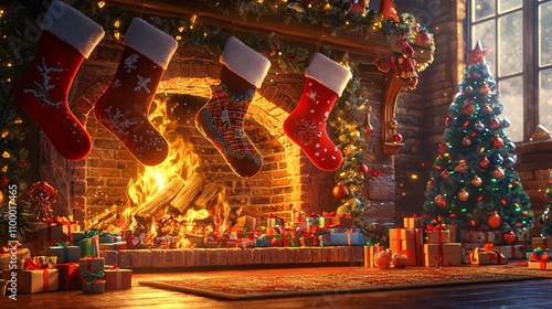 Christmas Fireplace with Holiday Stocking Stuffers