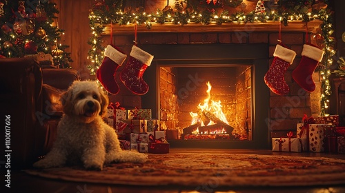 Christmas Fireplace with Holiday Pet Accessories