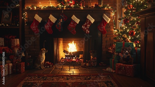 Christmas Fireplace with Holiday Pet Accessories