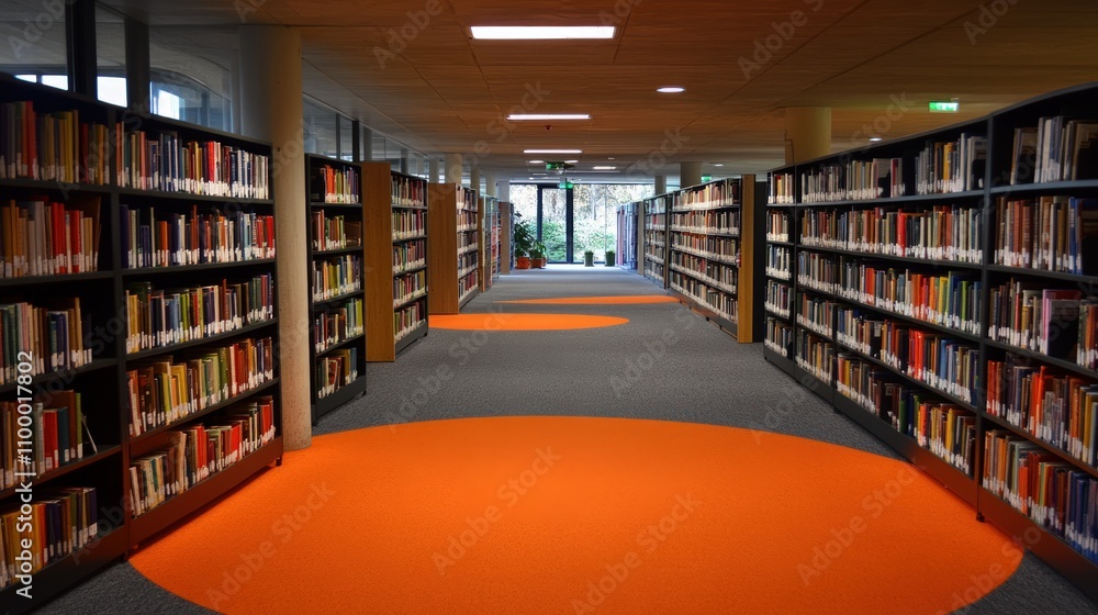 Fototapeta premium Modern library interior with bookshelves and orange carpet.