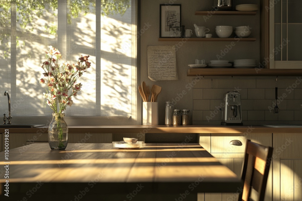 Fototapeta premium Modern Dining Room Interior with Wooden Table and Chair, Minimalist Kitchen Counter with Flower Vase
