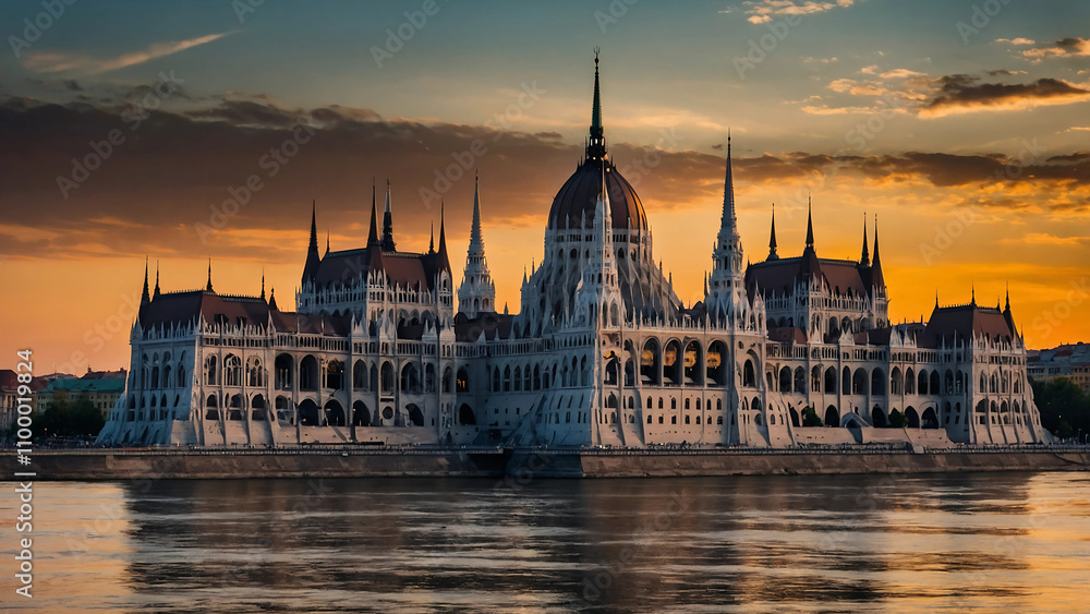 Obraz premium city of Budapest, architectural masterpiece in all its glory, with the setting sun casting a warm glow 