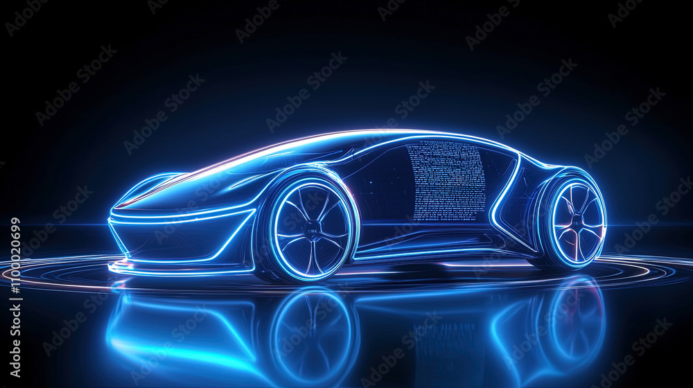 Naklejka premium futuristic and technological glowing blue concept car on dark background