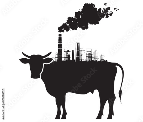 Cow with industrial city silhouette vector, Cow and  industrial icon silhouette