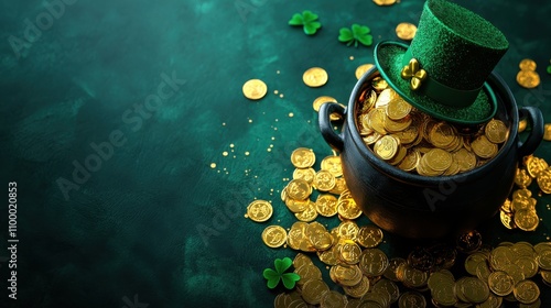 St Patrick Day illustration with a cauldron filled with golden coins, blurred, bokeh-style background surrounded by clovers, celebrating Irish holiday traditions and magic photo