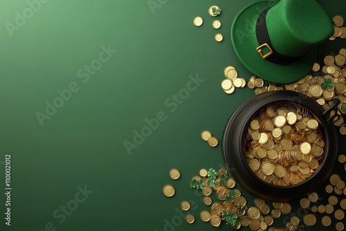 St Patrick Day illustration with a cauldron filled with golden coins, blurred, bokeh-style background surrounded by clovers, celebrating Irish holiday traditions and magic photo