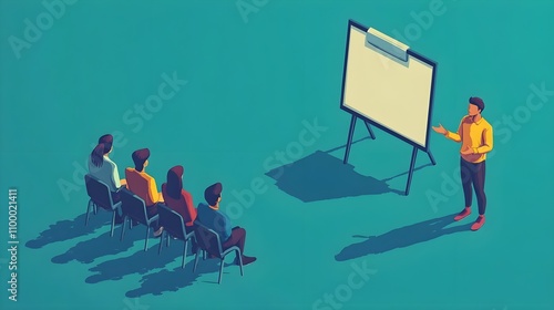 A person standing next to a whiteboard speaking to a small group in an illustrative vector style in an isometric perspective