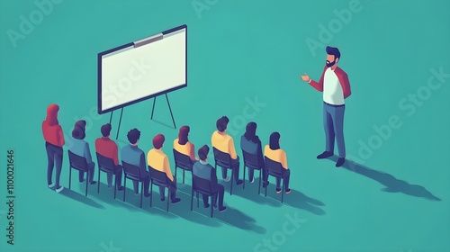A person standing next to a whiteboard speaking to a small group in an illustrative vector style in an isometric perspective