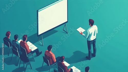 A person standing next to a whiteboard speaking to a small group in an illustrative vector style in an isometric perspective