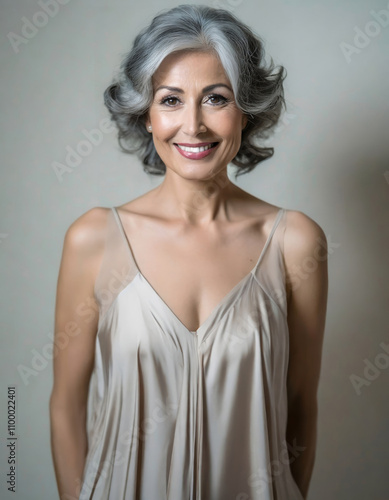 mujer madura de pelo blanco y ceniza con sonrisa bonita y vestida con camisón de picardía blanco