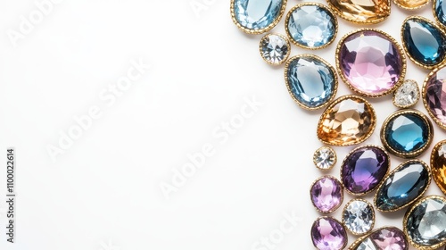 Close-up of colorful gemstones arranged elegantly on a white background. photo