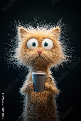 Light Ginger Fluffy Cat Holding a Steaming Cup of Coffee on a Dark Background