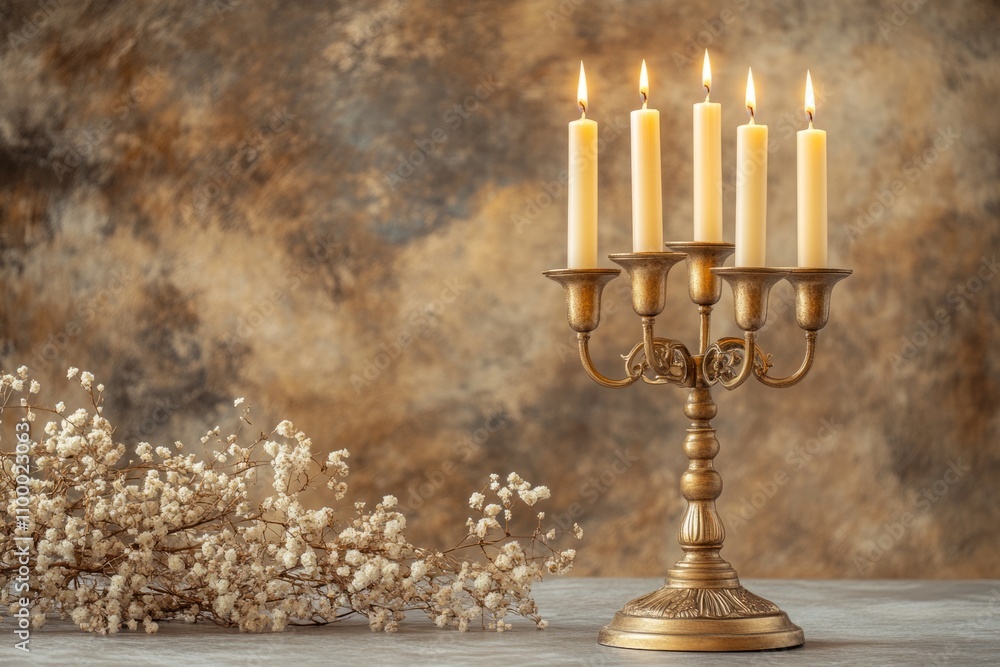 Five burning candles on a golden candelabrum illuminate a warm and inviting scene, accompanied by dried flowers Five burning candles on a golden candelabrum illuminate a warm and inviting scene, accompanied by dried flowers