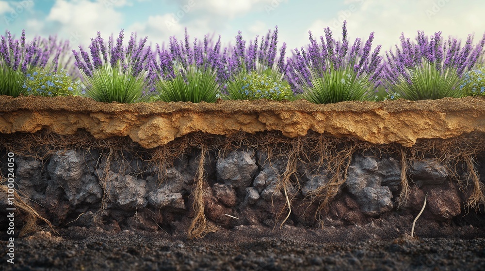 Fototapeta premium Cross-Section of Soil with Lavender Plants and Roots Beneath Surface
