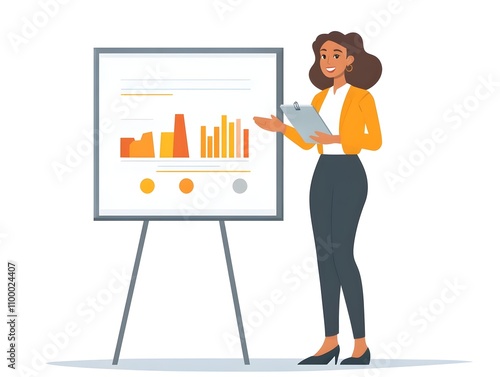 2D  illustration of a female business executive standing at a whiteboard giving a presentation.