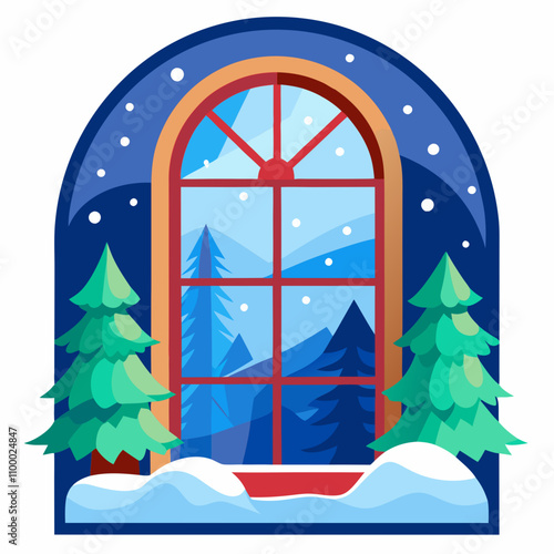 Winter window scene vector illustration on white background