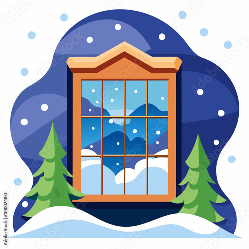 Winter window scene vector illustration on white background