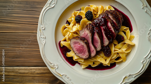 S Observation of how to make a simple dish, sliced tenderloin with pasta and sauce made from blackberry jam. The plate is white porcelain with an intricate pattern on the edge, creating contrast betwe