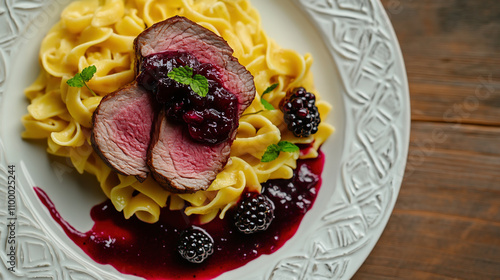 S Observation of how to make a simple dish, sliced tenderloin with pasta and sauce made from blackberry jam. The plate is white porcelain with an intricate pattern on the edge, creating contrast betwe