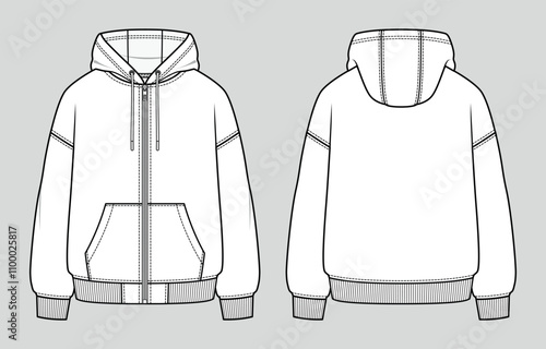 Front zip basic hoodie with front pockets. Unisex casual clothing. Vector technical sketch. Mockup template.