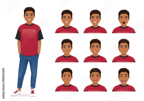 Young African American man with different facial expressions set vector illustration isolated
