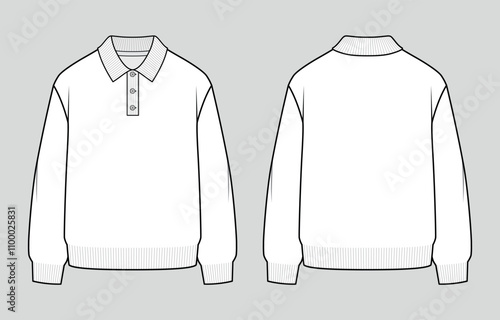 Polo collar knit jumper. Oversized unisex casual clothing. Vector technical sketch. Mockup template.