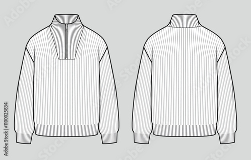 Zipped collar knit ribbed jumper. Oversized unisex casual clothing. Vector technical sketch. Mockup template.
