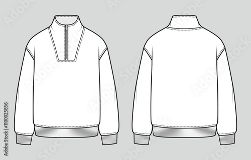 Zipped collar sweatshirt. Oversized unisex casual clothing. Vector technical sketch. Mockup template.
