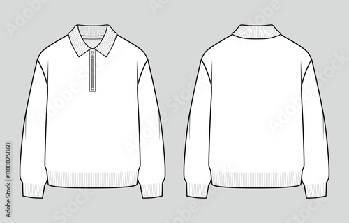Zipped polo knit jumper. Oversized unisex casual clothing. Vector technical sketch. Mockup template.